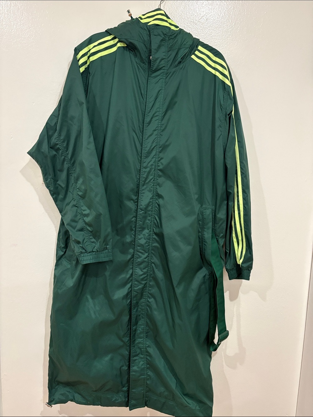 Adidas | Park Ivy Green Hooded Long Track Coat with Neon Yellow Stripes - Picture 5 of 5